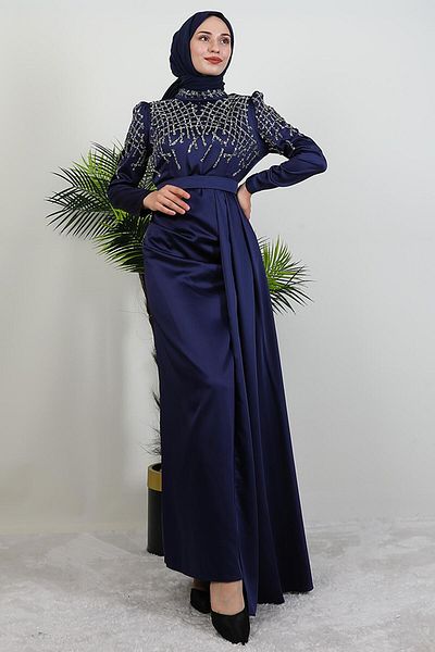 GİYZAMİLA İzel Stone Satin Evening Dress Navy Blue