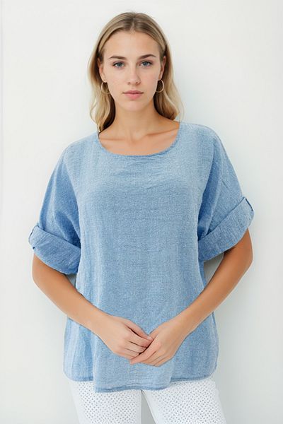 Vitrin Wide Collar Half Sleeve Linen Blouse