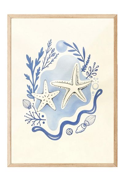 Postifull Wooden Framed Poster, Seashell, Illustration, Blue Color Poster, 2025 Summer Selection, No:109552
