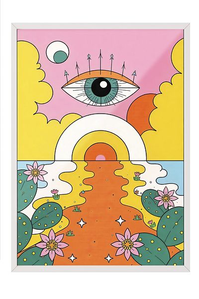 Postifull White Framed Painting, Eye of the Sun, Illustration Maximalist, Yellow Color Poster, 2025 Summer Selection, No