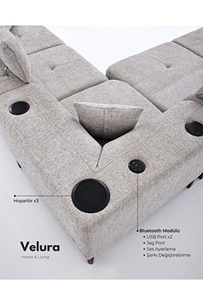 Velura Home & Living Ezel Motorlu Köşe Takımı & Hoparlörlü, USB Portlu, Genişleyebilir Büyük Köşe Takımı