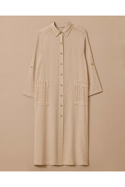 Gala-Xi Büyük Beden Örgü Cepli Keten Tunik