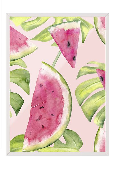 Postifull White Framed Painting, Watermelon, Leaf, Watercolor, Botanical, Pink, Green Color Poster, Summer Selection of 2025