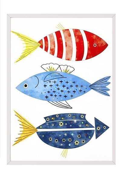 Postifull White Framed Poster, Colorful Fish, Illustration, Colorful Color Poster, 2025 Summer Selection, No:1096