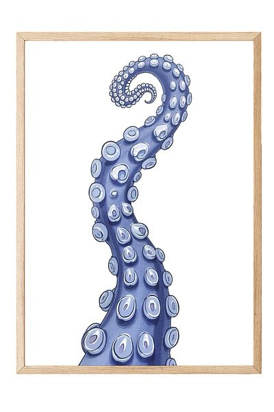 Postifull Wooden Framed Poster Painting, Blue Octopus Tentacle, Illustration, Blue Color Poster, 2025 Summer Selection, N