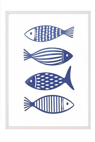 Postifull White Framed Poster, Sea Fish, Illustration, Blue Color Poster, 2025 Summer Selection, No:109562