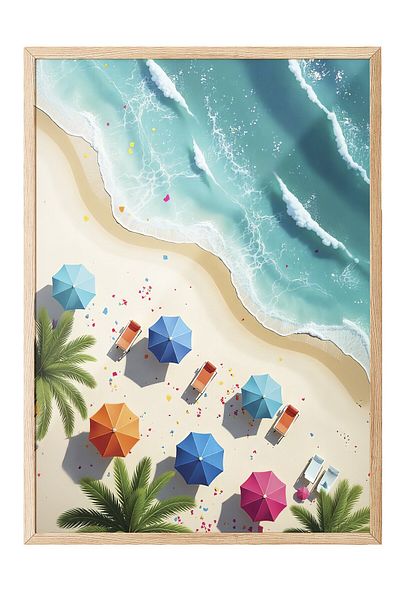 Postifull Wooden Framed Poster Painting, Beach and Umbrellas, Photo, Pink Color Poster, 2025 Summer Selection, No: