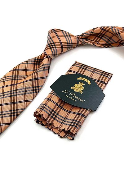 Kravatkolik Classic Tie with Orange Plaid Pattern Handkerchief Kk13200