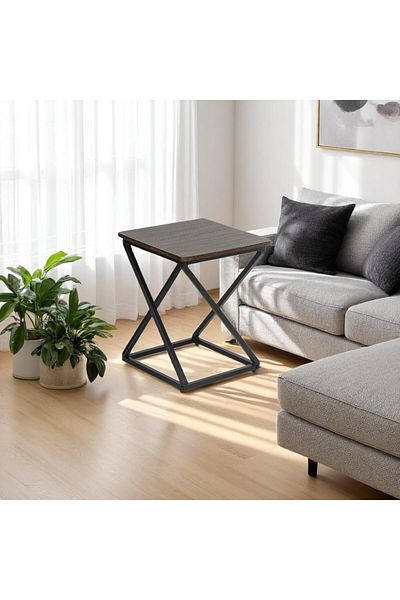 mr-everything Elegant square serving table with a dark wood top and black metal base, perfect as a side table for a sofa or bed.
