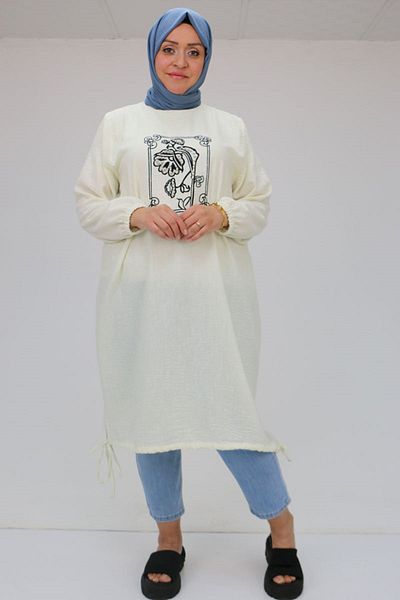 Eslina 58009 Large Size Linen Tunic with Embroidery and Beads on the Front - Ecru