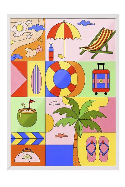 Postifull White Framed Painting, Summer Elements, Illustration Maximalist, Pink Color Poster, 2025 Summer Selection, No