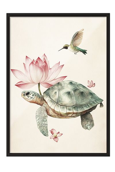 Postifull Pictură cu cadru negru, broască țestoasă, colibri, lotus, ilustrație, poster de culoare în tonuri pastel, 2025