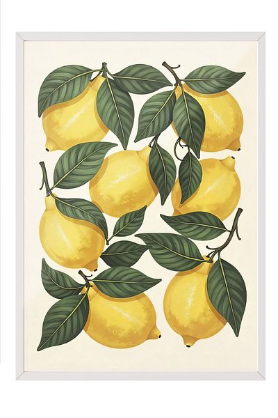 Postifull White Framed Poster Painting, Yellow Lemons, Illustration, Yellow Color Poster, 2025 Summer Selection, No:10