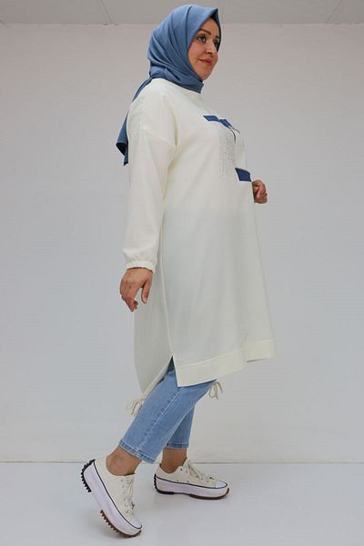 Eslina 58011 Large Size Linen Tunic with Tie Hem and Stone Detail on the Front - Ecru
