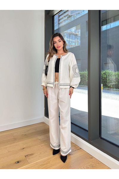 modaçelikler Balloon Sleeve Cardigan High Waist Wide Leg Pants Esseyin Ecru Women's Patterned Suit 25Y374