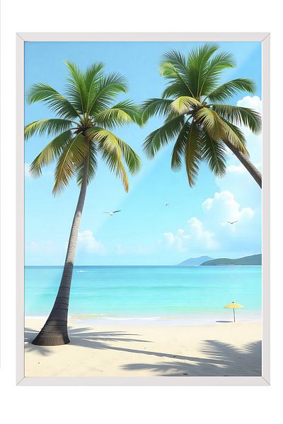 Postifull White Framed Painting, Palm Trees, Illustration, Maximalist, Blue Color Poster, 2025 Summer Selection
