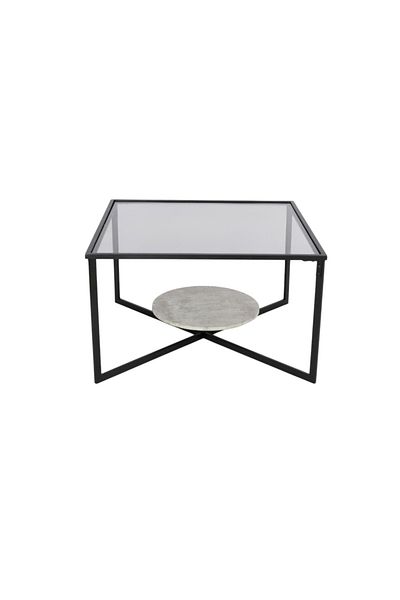 mr-everything A square coffee table with a bold, modern design, combining a black glass top, a gray lower shelf, and a black metal base.