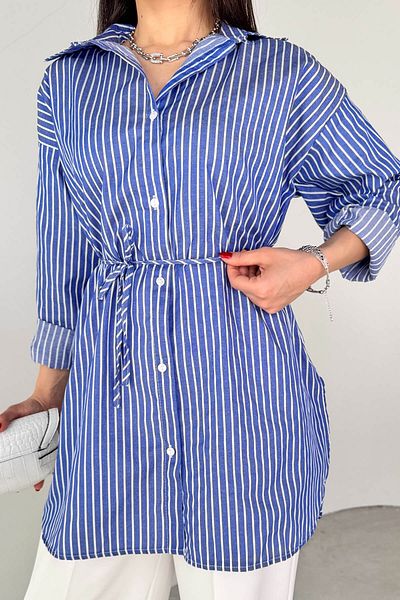Cappmoda Elb-01808 Navy Blue Striped Belt Detailed Shirt Dress