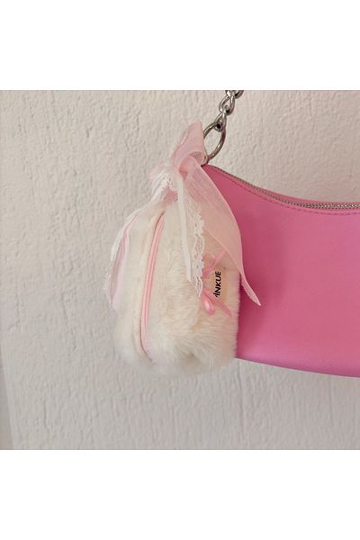 PİNKUE Pinkue Soft Fur Lace Mini Wallet / and Keychain Organizer