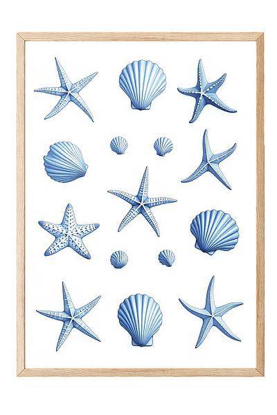 Postifull Wooden Framed Poster, Seashells and Stars, Illustration, Blue Color Poster, 2025 Summer Solstice