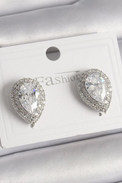 Toptan Bulurum Brass Silver Color Zircon Stone Drop Model Women's Earrings