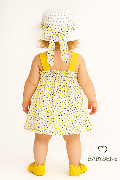 BABYDEN'S Kız Bebek Çiçek Desenli Fiyonklu Yazlık Elbise Şapkalı Takım Pamuklu Sarı Çiçekli Bebek Kombini