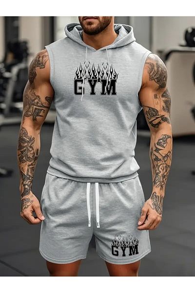 ACTIVE MODA -Men's Gym Sports Singlet-Shorts 2-Piece Set Cotton Printed