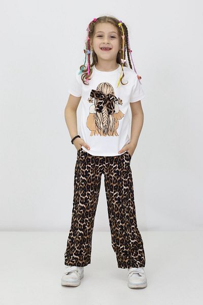 RAPİDO LİFE Girls' Double Suit Short Sleeve Printed Ribbon Detail T-Shirt with Elastic Waist Patterned Pants
