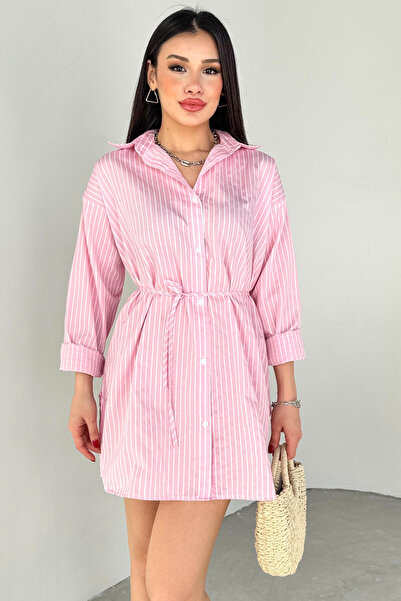 Cappmoda Elb-01808 Pink Striped Belt Detailed Shirt Dress