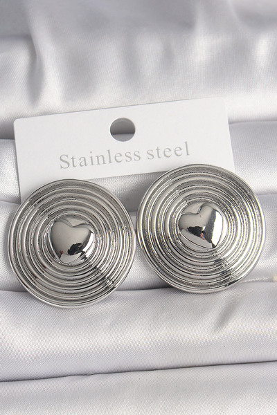 Toptan Bulurum Brass Silver Color Heart Embroidered Circle Plate Model Women's Earrings