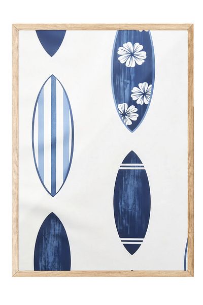 Postifull Wooden Framed Poster, Surfboard, Illustration, Blue Color Poster, Summer Selection 2025, No:109596