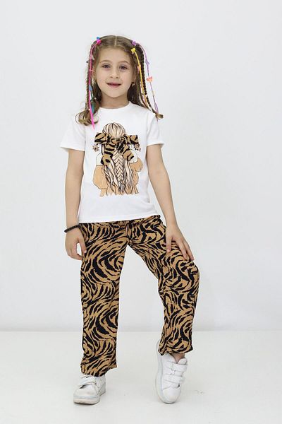 RAPİDO LİFE Girls' Double Suit Short Sleeve Printed Ribbon Detail T-Shirt with Elastic Waist Patterned Pants