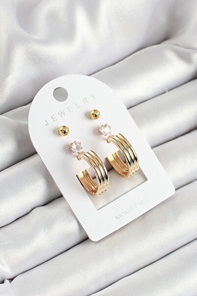 Toptan Bulurum Gold Color 3-Piece Double Women's Earring Set with Brass Zircon Stone and Ring Figure