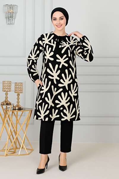 FATELLA Чорна туніка з візерунком для жінок - довгі рукави, комір на шнурівці...