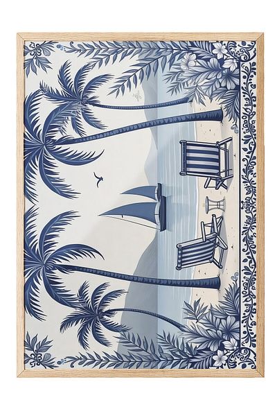 Postifull Wooden Framed Poster, Sunbathing Pleasure, Illustration, Blue Color Poster, 2025 Summer Selection, No:10968