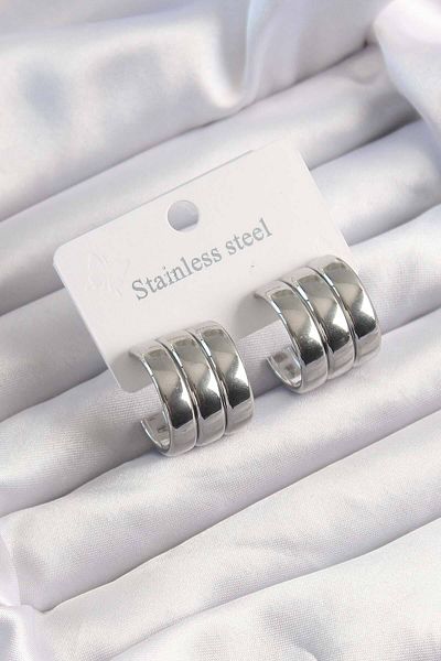 NEZADE STORE 316L Steel Silver Color 3-Piece Look Bombe Model Half Hoop Earrings