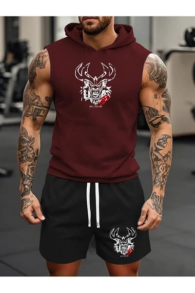 ACTIVE MODA -Men's Gym Sports Singlet-Shorts 2-Piece Set Cotton Printed