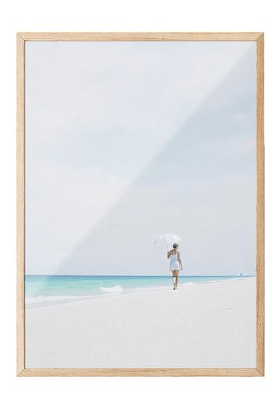 Postifull Wooden Framed Poster, Woman on the Beach, Illustration, Blue Color Poster, Summer Selection 2025, No:109682