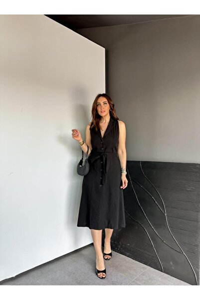 Zerrincan Giyim Siyah Ceket Yaka Düğmeli Keten Elbise