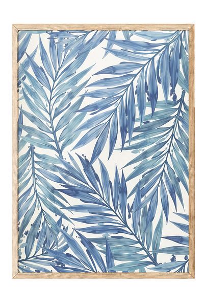 Postifull Wooden Framed Poster, Palm Leaves, Illustration, Blue Color Poster, 2025 Summer Selection, No:109