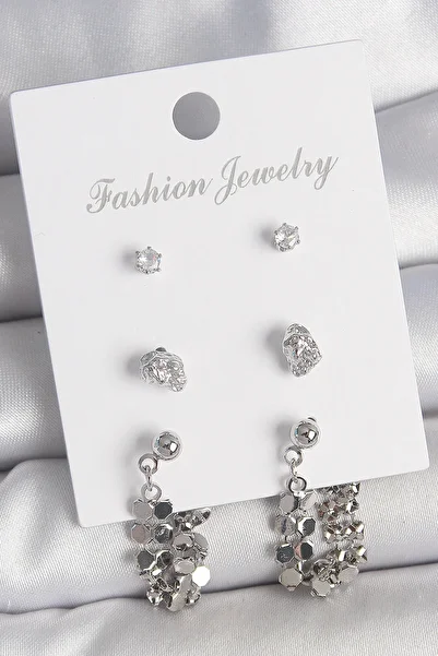 Toptan Bulurum Brass Silver Color Zircon Stone Sequin Dangle Model 3 Pairs Women's Earring Set