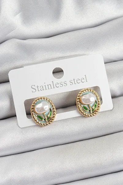 Toptan Bulurum Brass Green Enamel Tulip Figured Artistic Portrait Model Gold Color Women's Earrings
