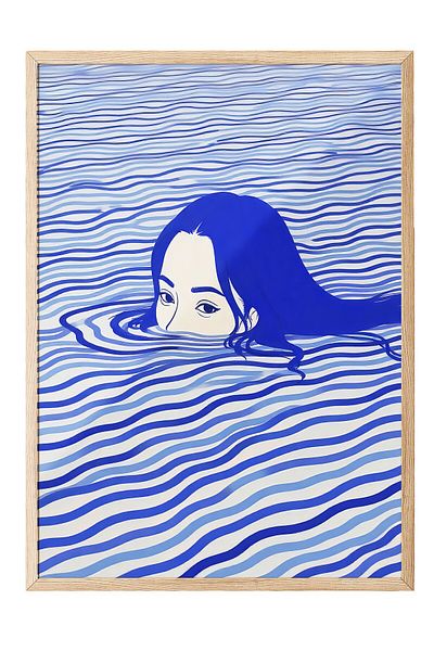 Postifull Wooden Framed Painting, Floating Woman, Illustration, Blue Color Poster, 2025 Summer Selection, No:109719