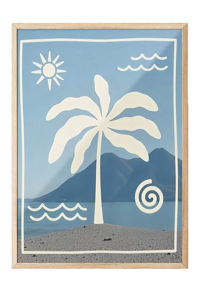 Postifull Wooden Framed Painting, Palm Trees, Illustration, Maximalist, Blue Color Poster, 2025 Summer Selection