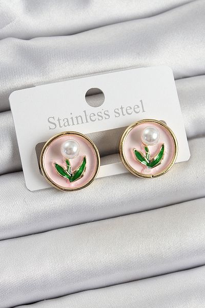 Toptan Bulurum Brass Pink Enamel Tulip Figured Artistic Portrait Model Gold Color Women's Earrings