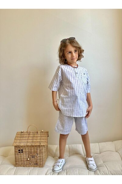 WİKİBOOM Boy's Suit with Striped Linen Fabric Shorts