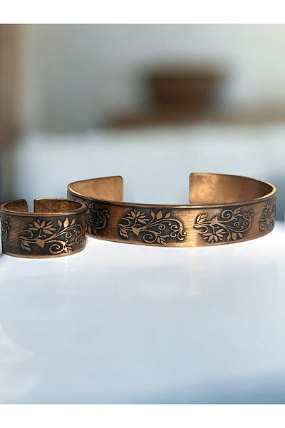 PrestigeSO Pure Copper Bracelet & Ring Set with Flower Symbol |   Adjustable & Unisex |   Natural Elegance