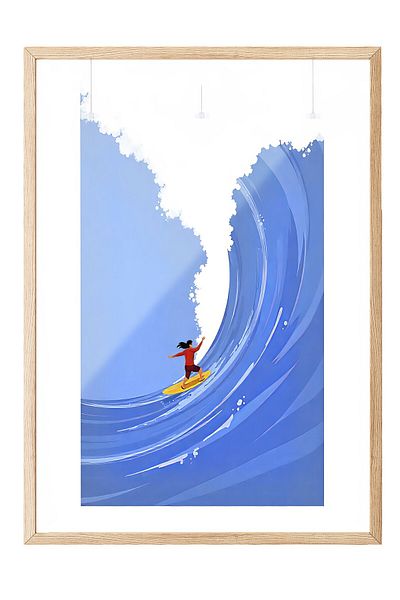 Postifull Wood Framed Poster, Surfing on the Sea, Illustration, Blue Color Poster, 2025 Summer Selection, No:109604