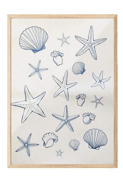 Postifull Wooden Framed Poster, Seashells and Stars, Illustration, Blue Color Poster, 2025 Summer Solstice