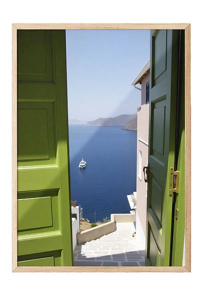 Postifull Wooden Framed Poster, Door Opening to the Sea, Photo, Green Color Poster, Summer Selection 2025, No:109657